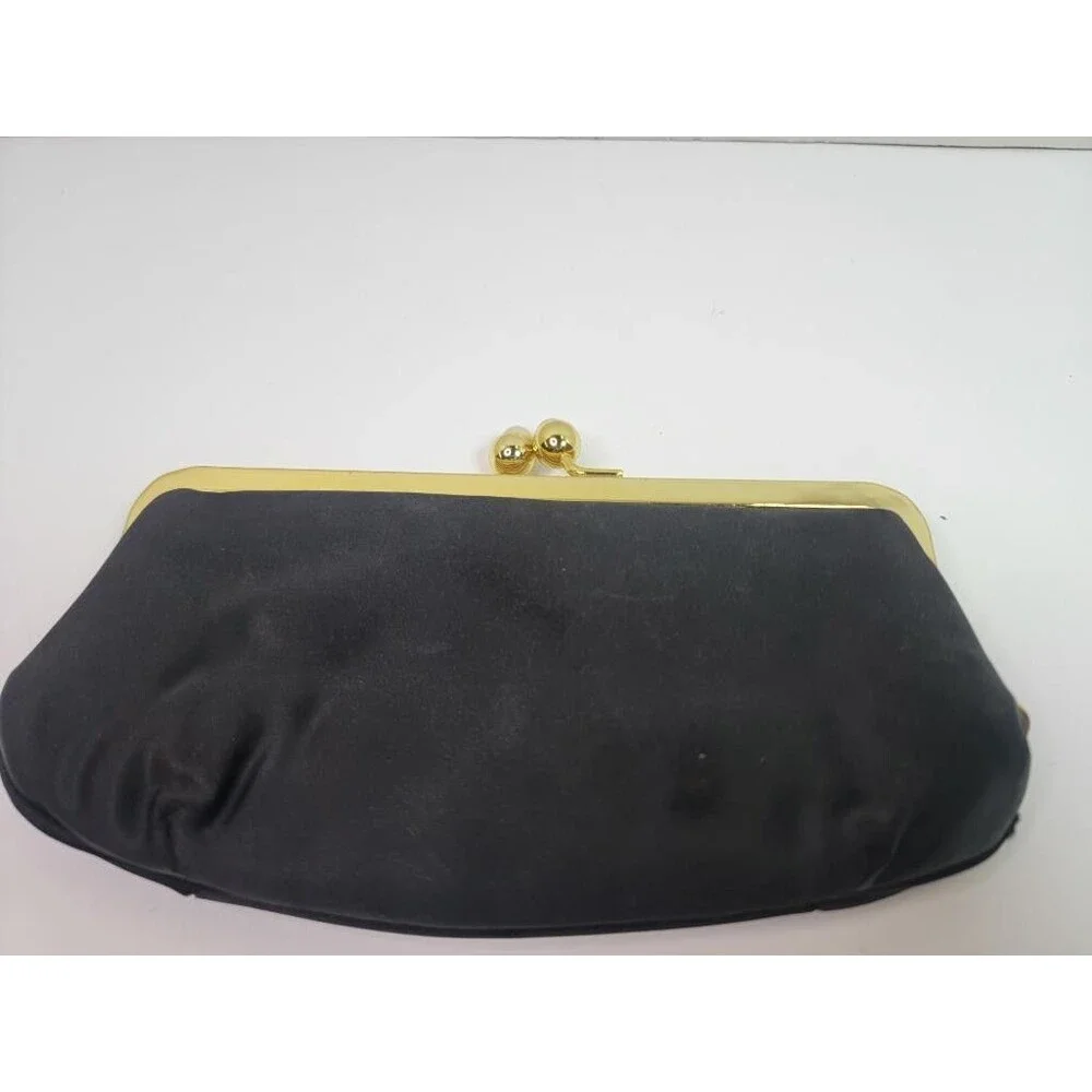 Vintage Stylemark by Mutterperl Black Satin Clutch Purse Gold Faux Pearl Clasp